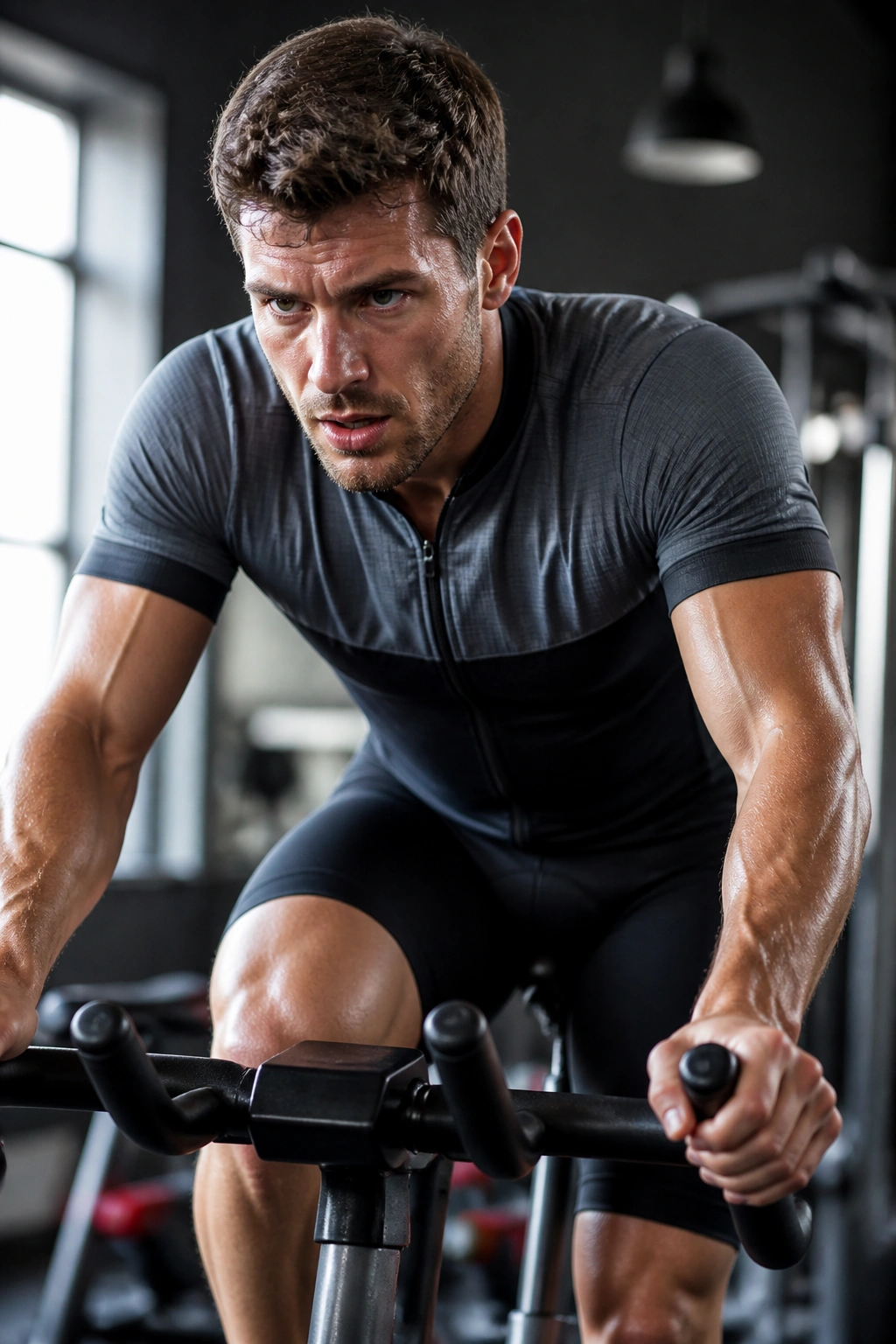 Cyclist on stationary bike during sprint intervals