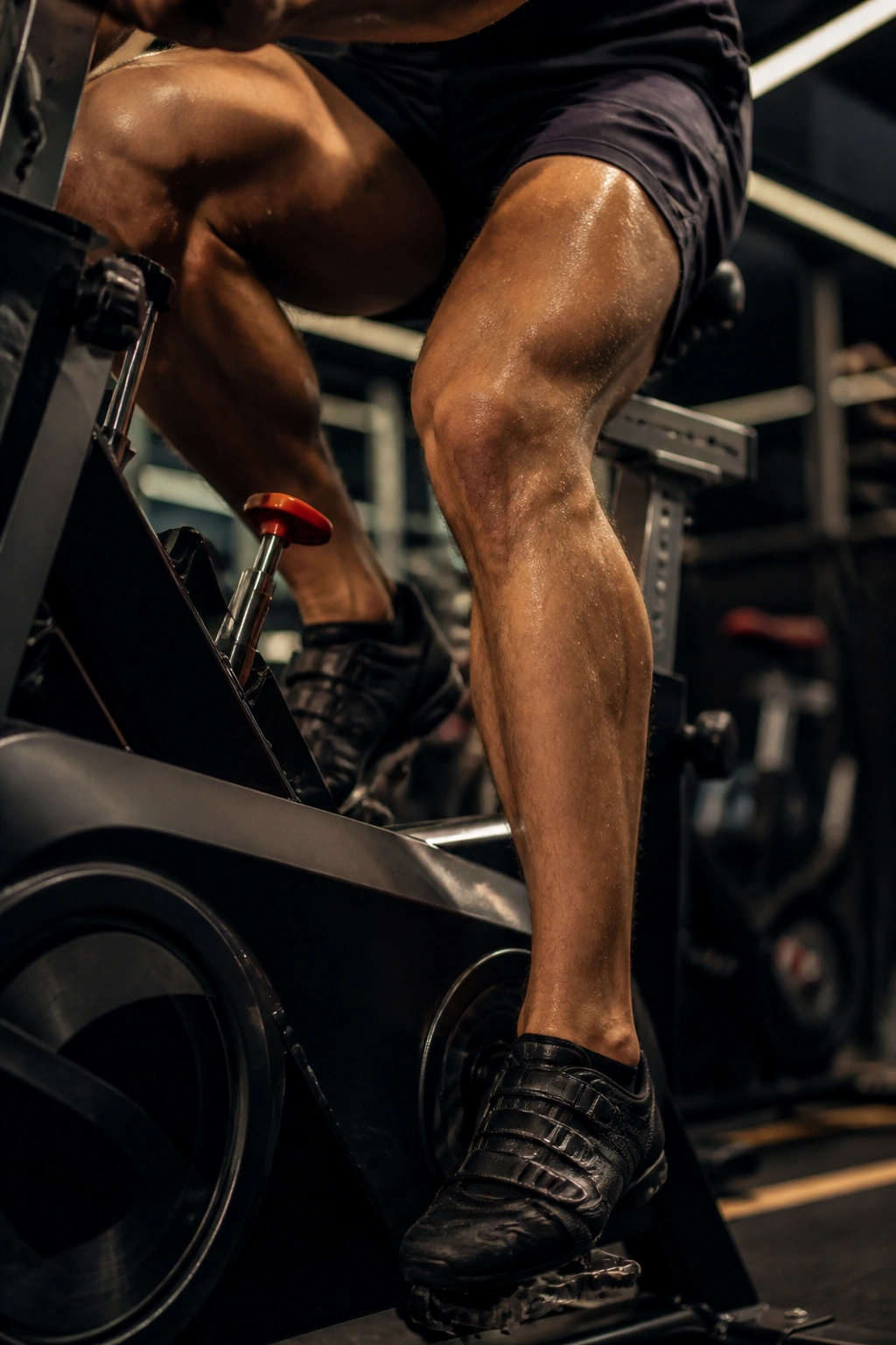 Close-up of legs pedaling on a stationary bike in a gym