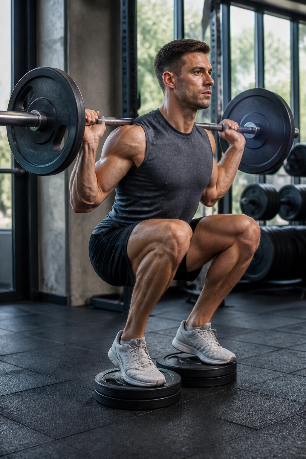 Athlete performing cyclist squat with heels on plates in gym