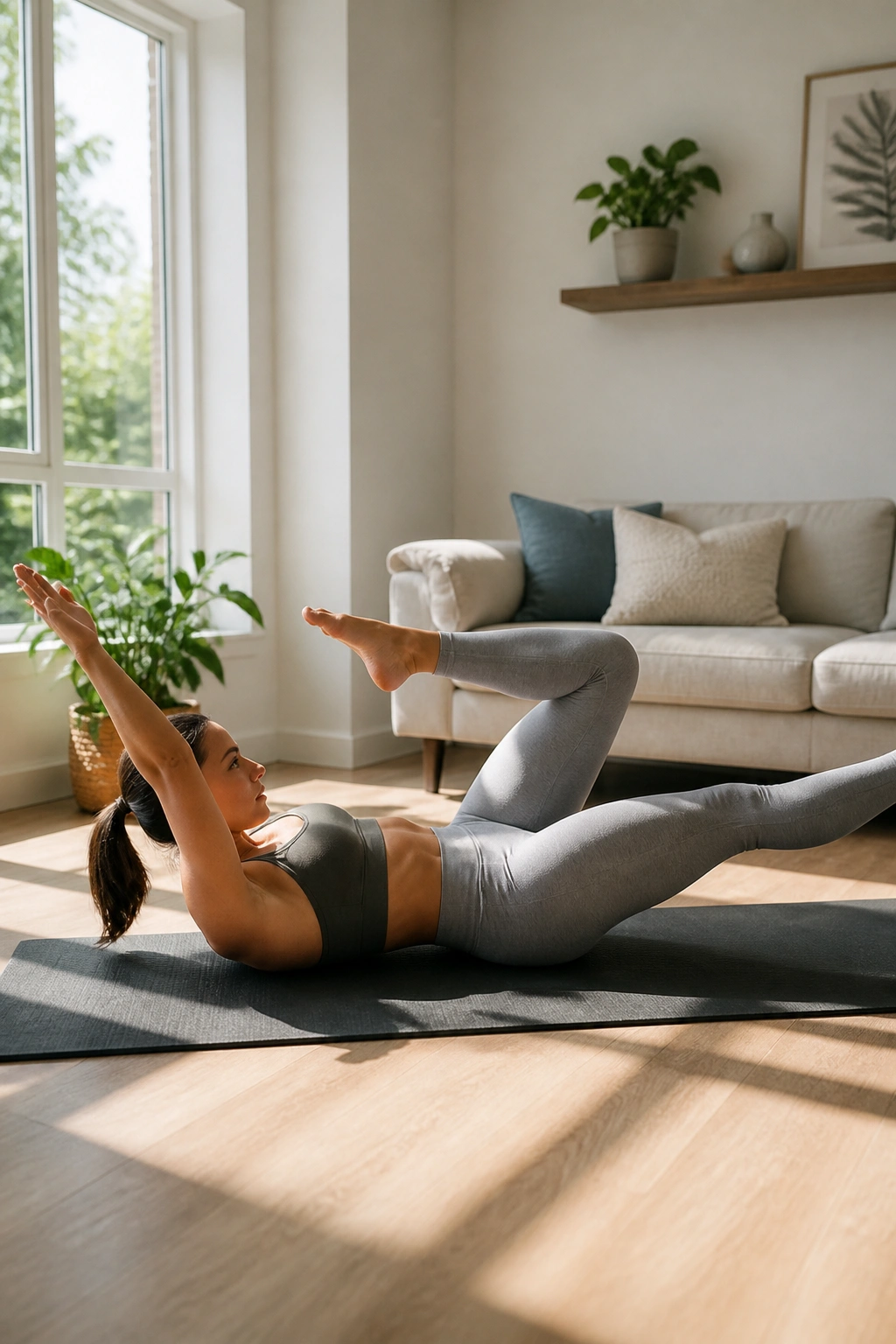 Portrait of person performing dead bug exercise on mat in bright home living room for core circuit