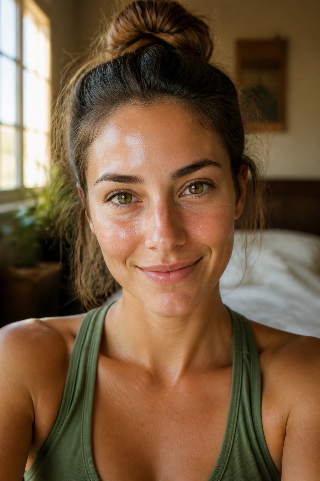 Close-up portrait of an energetic real person in morning light to convey daily energy score