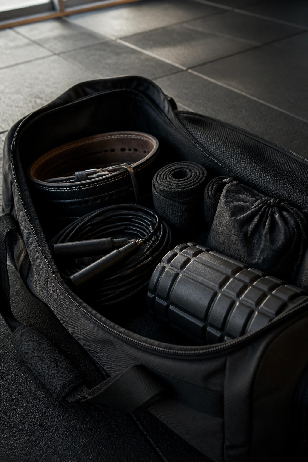 Close-up of daily loadout gym gear arranged on a gym mat