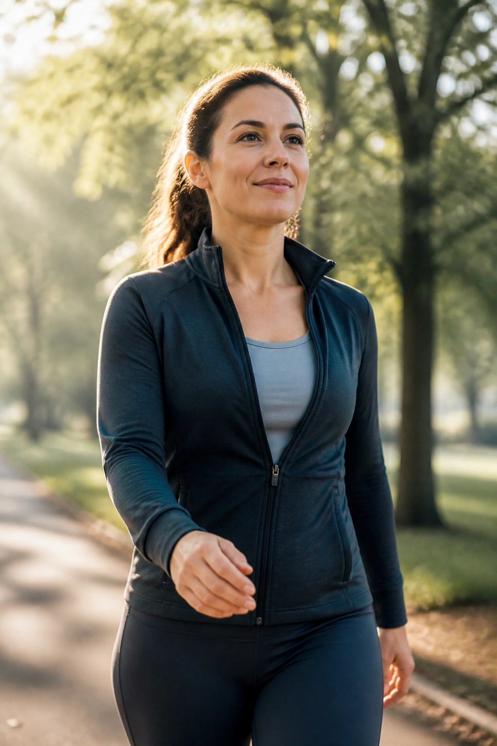 Real person walking calmly in a park during an easy daily reset walk