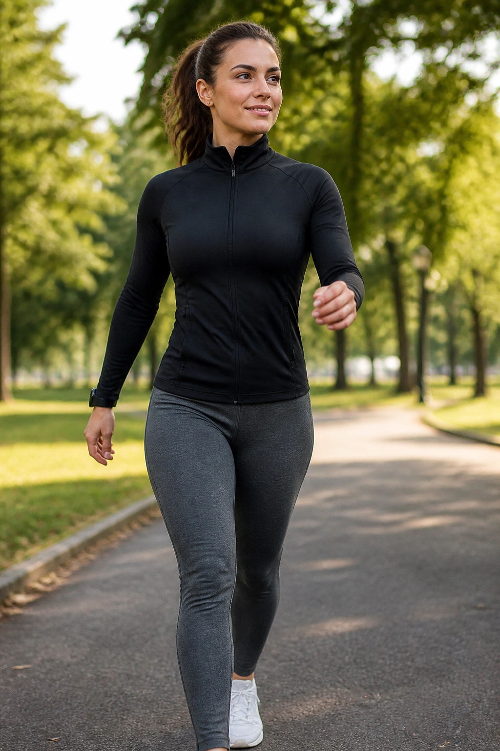 Real person walking briskly in a park with mobility focus.