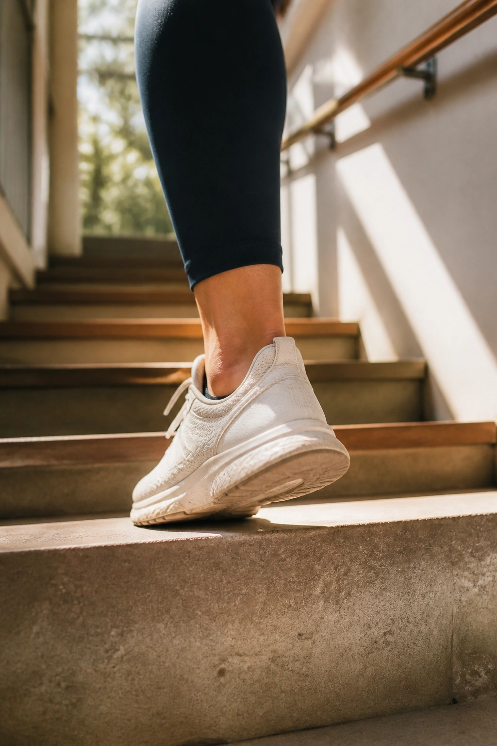 Close-up of a foot stepping on a stair in a stairwell
