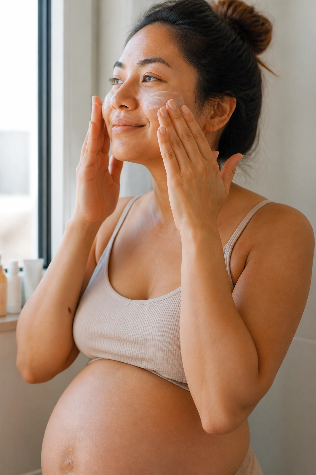 Pregnant person applying sunscreen at a sunlit window