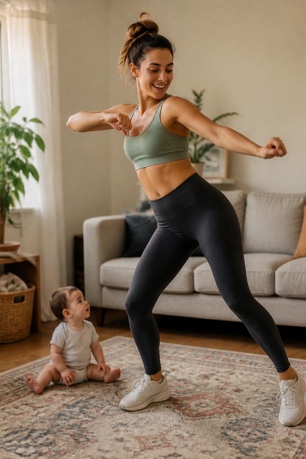 Person dancing in living room with baby nearby during cardio