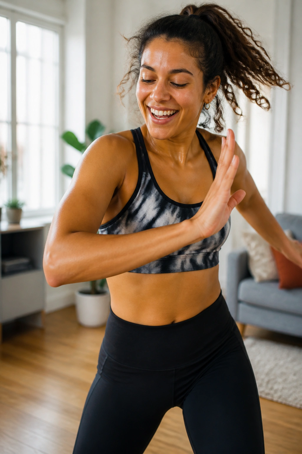 Person dancing freestyle cardio in a bright living room.