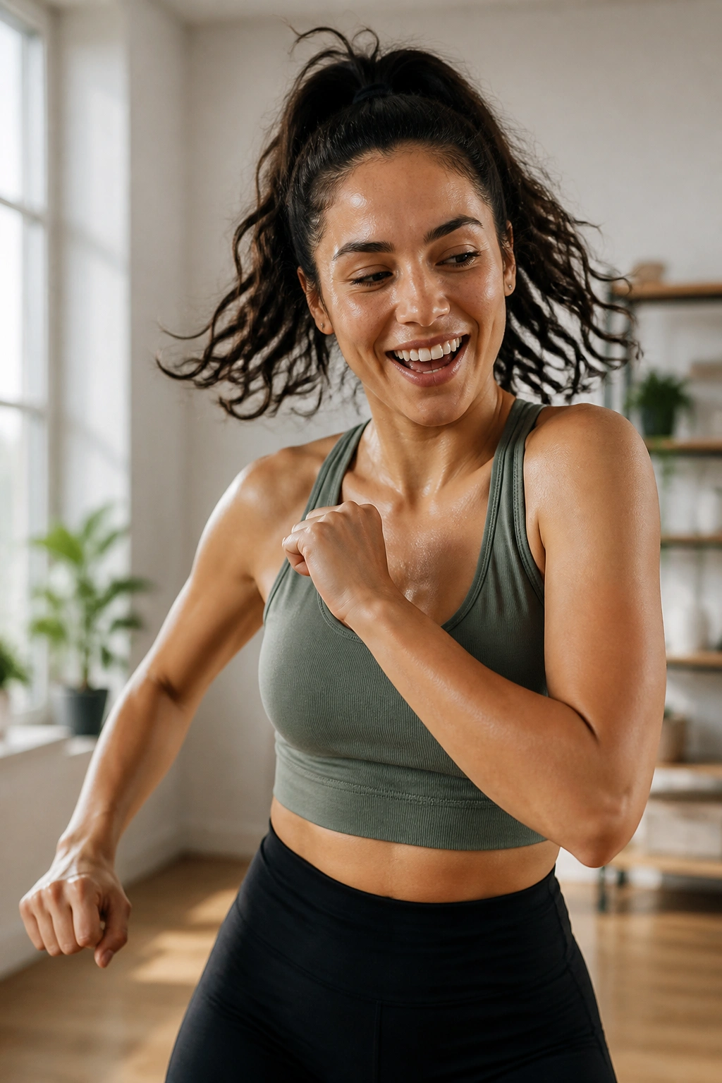 Dynamic mid-shot of a real person dancing in a bright space with a lively expression.