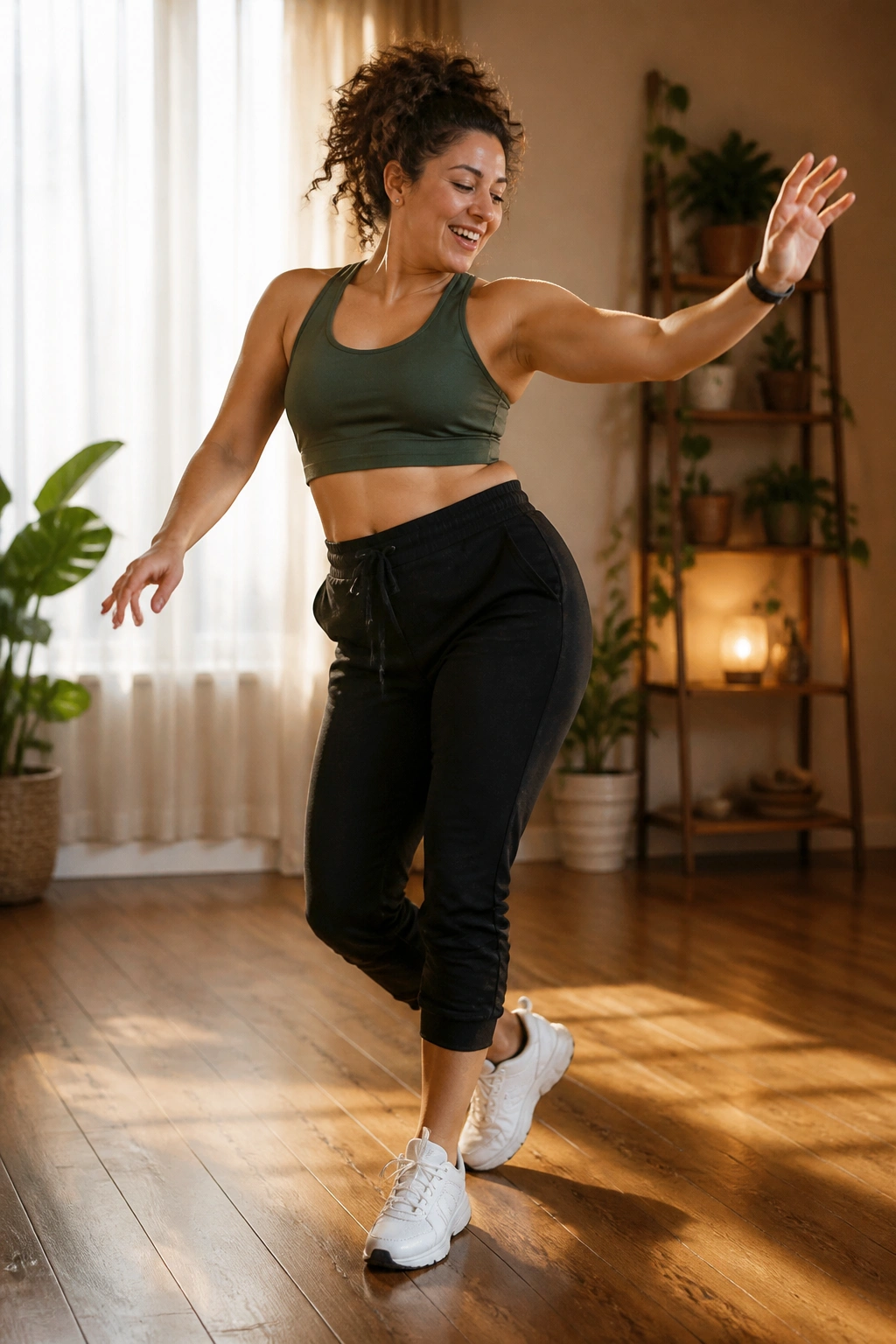 Person dancing in a living room during a cardio block session.