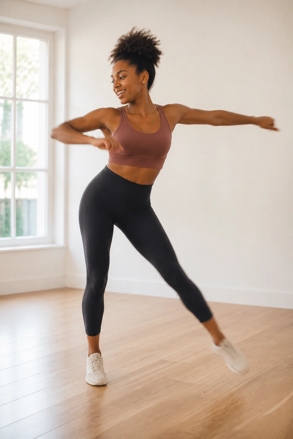 Person dancing in a bright living room during a 45/15 dance cardio interval