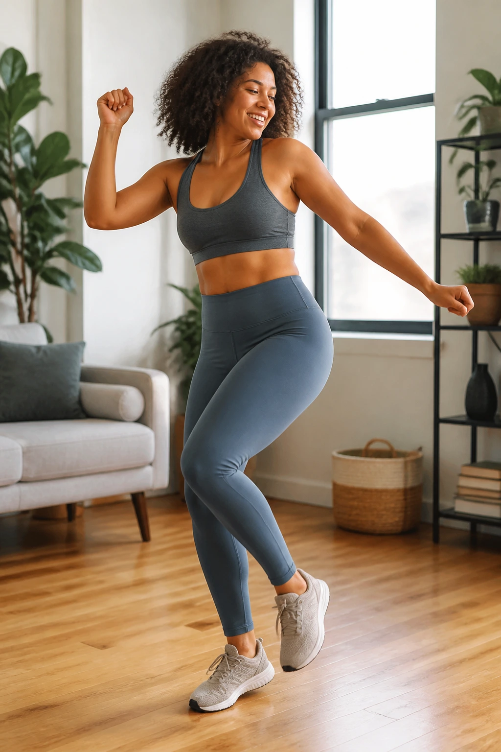 Person dancing in a living room to a cardio playlist.