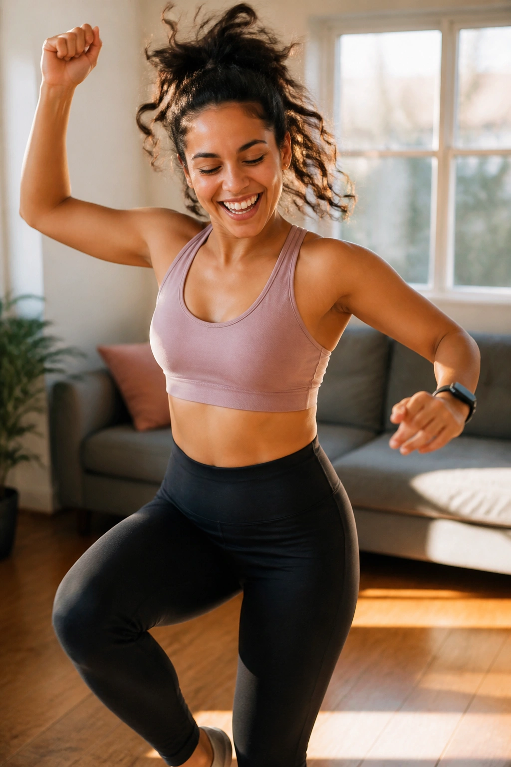 Real person dancing in living room during cardio session
