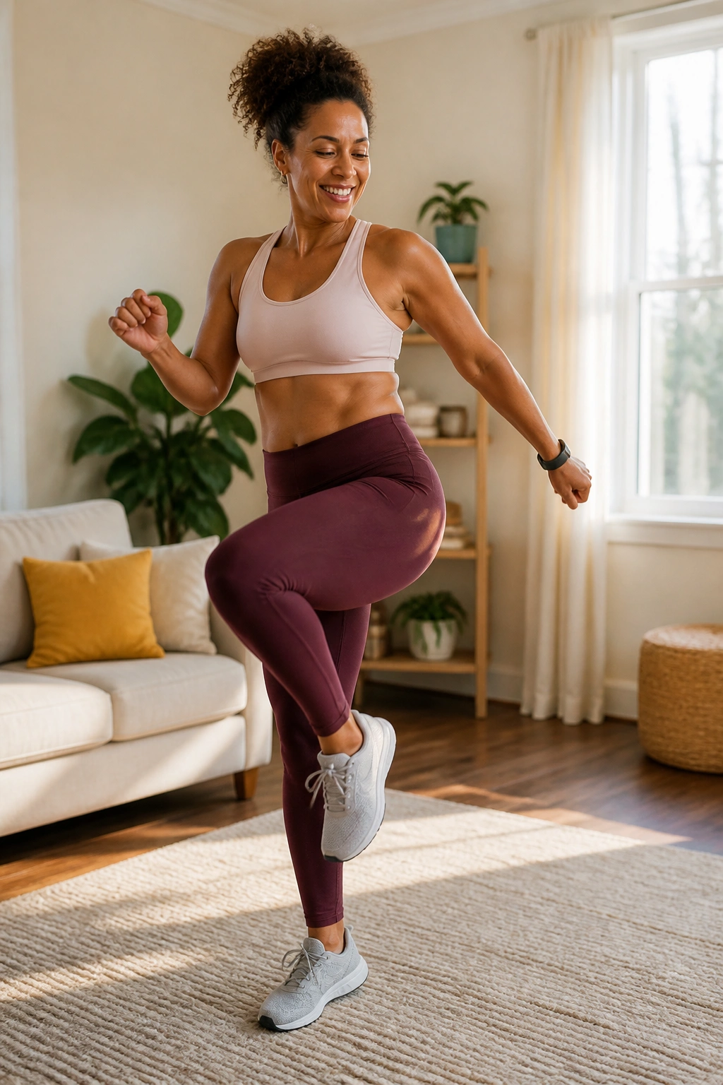 Person doing low-impact dance cardio in a bright living room
