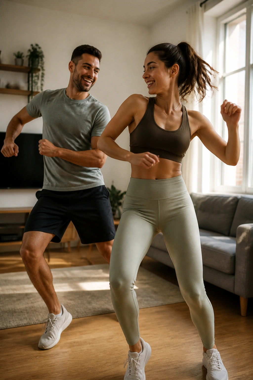 Couple dancing in a living room to a single song