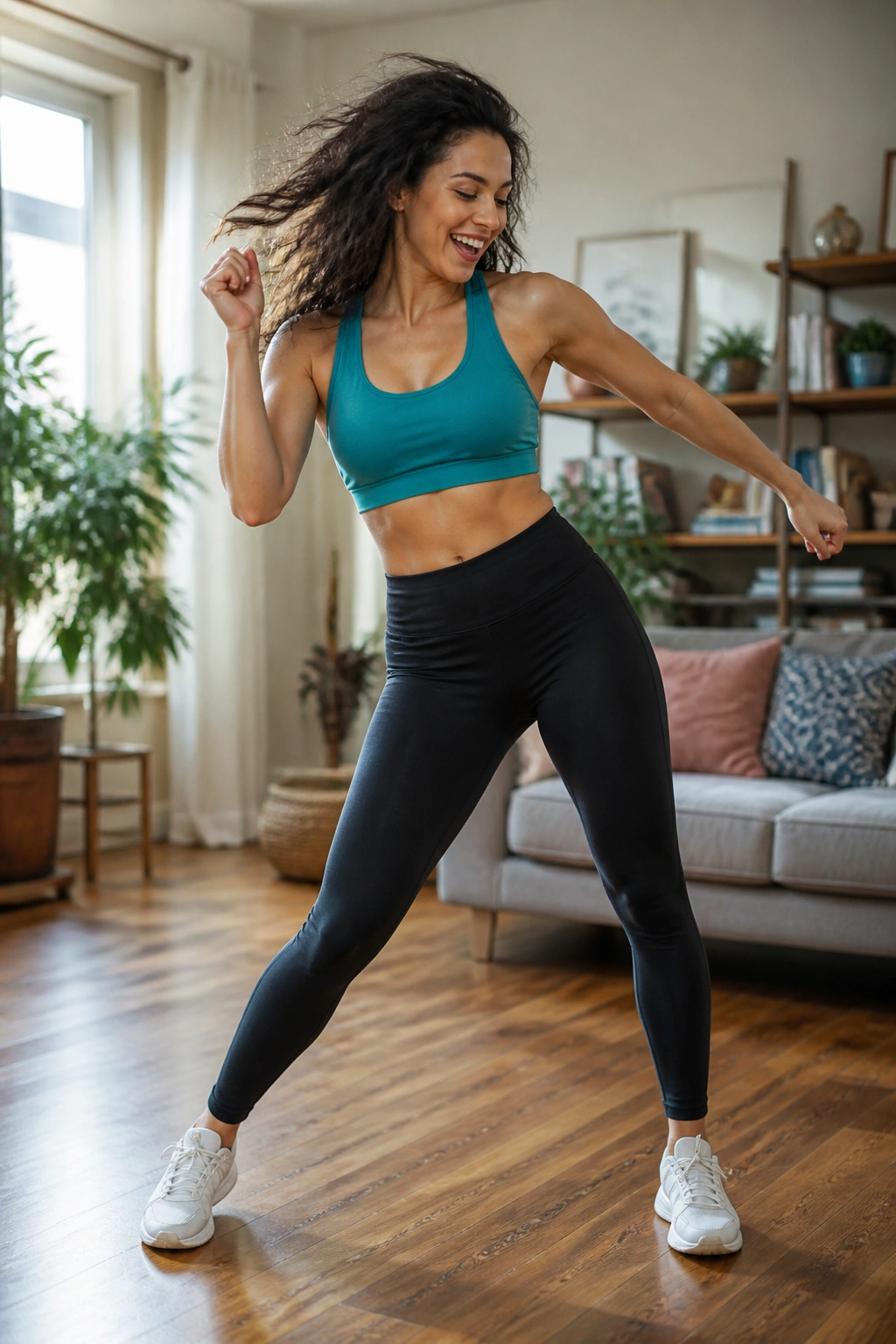 Person dancing in a living room for dance cardio, mid-movement