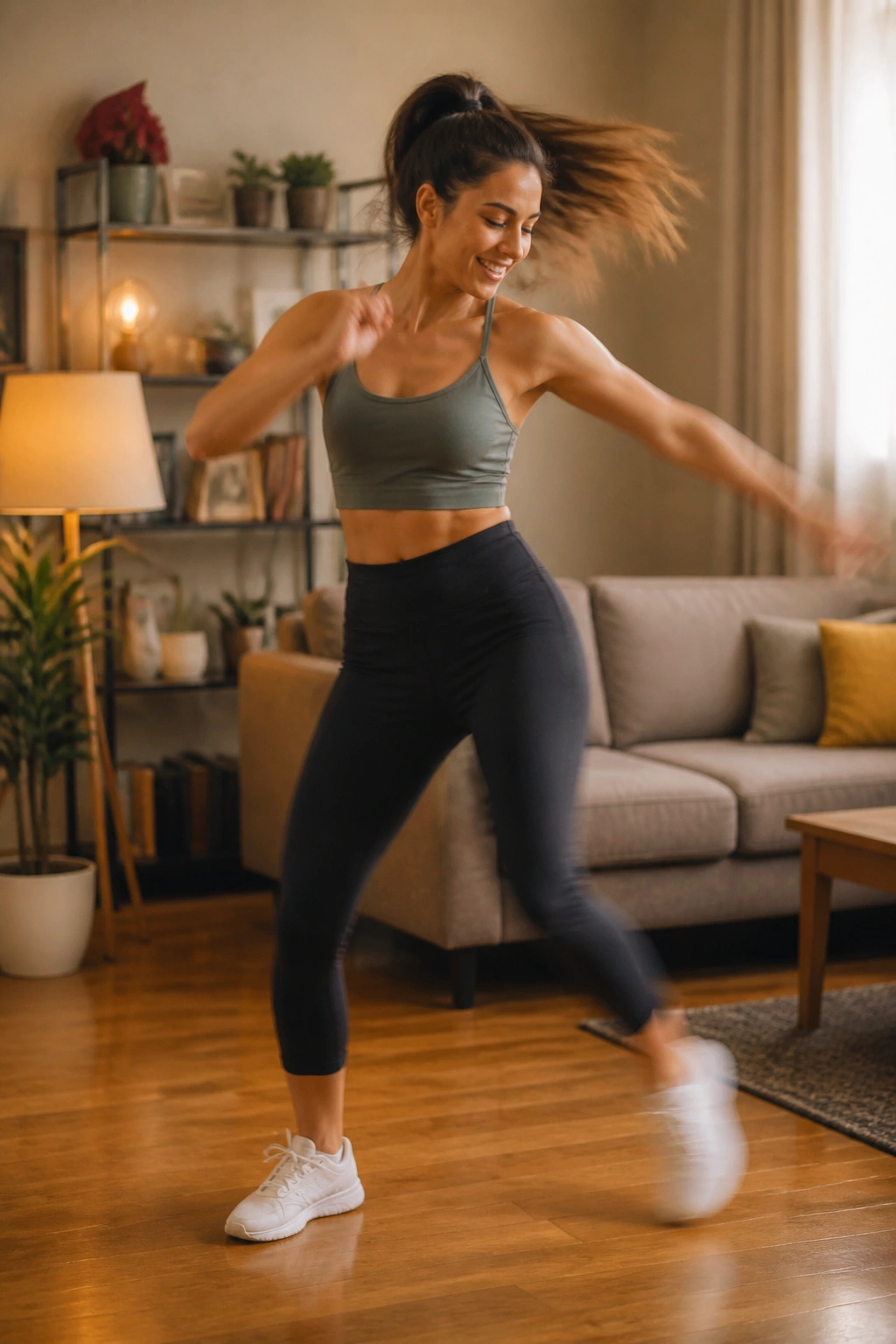 Person dancing energetically in a living room