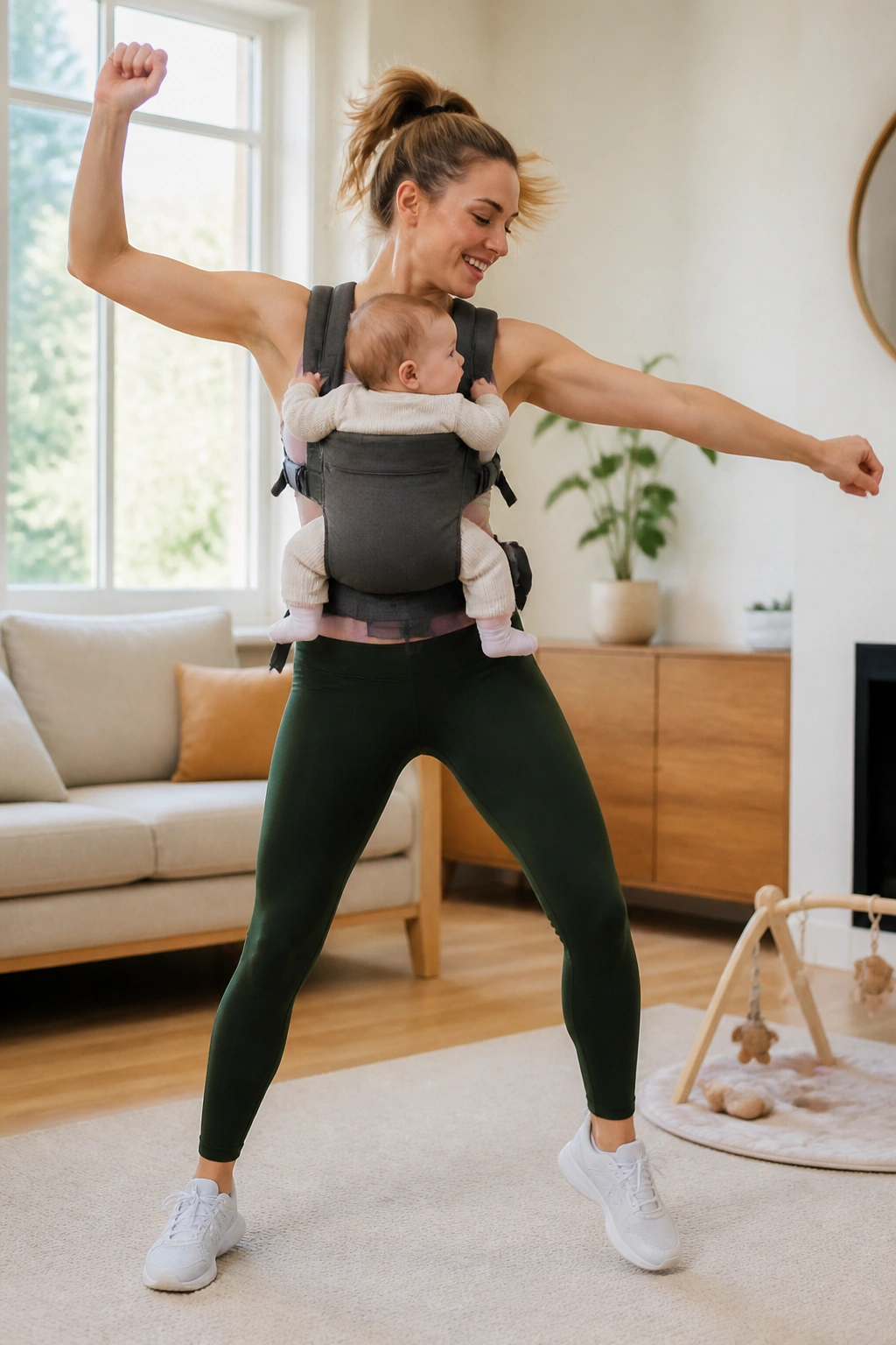 Person dancing in a living room with baby in carrier