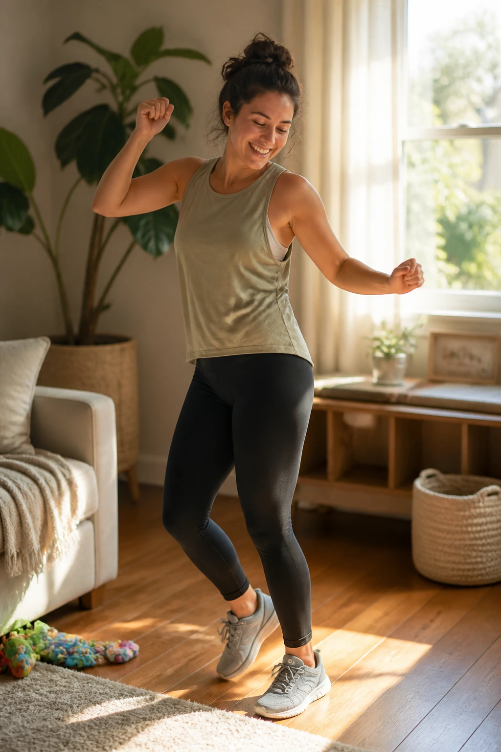 Person dancing in a bright living room doing low-impact cardio