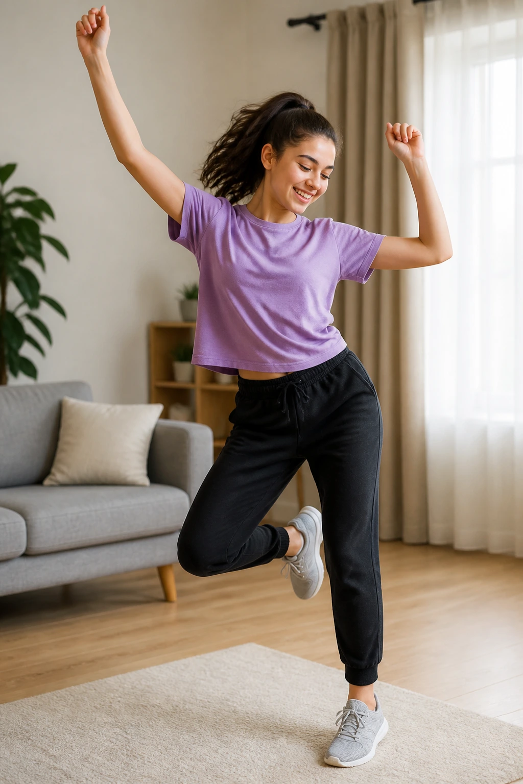 Teen dancing in living room for dance cardio
