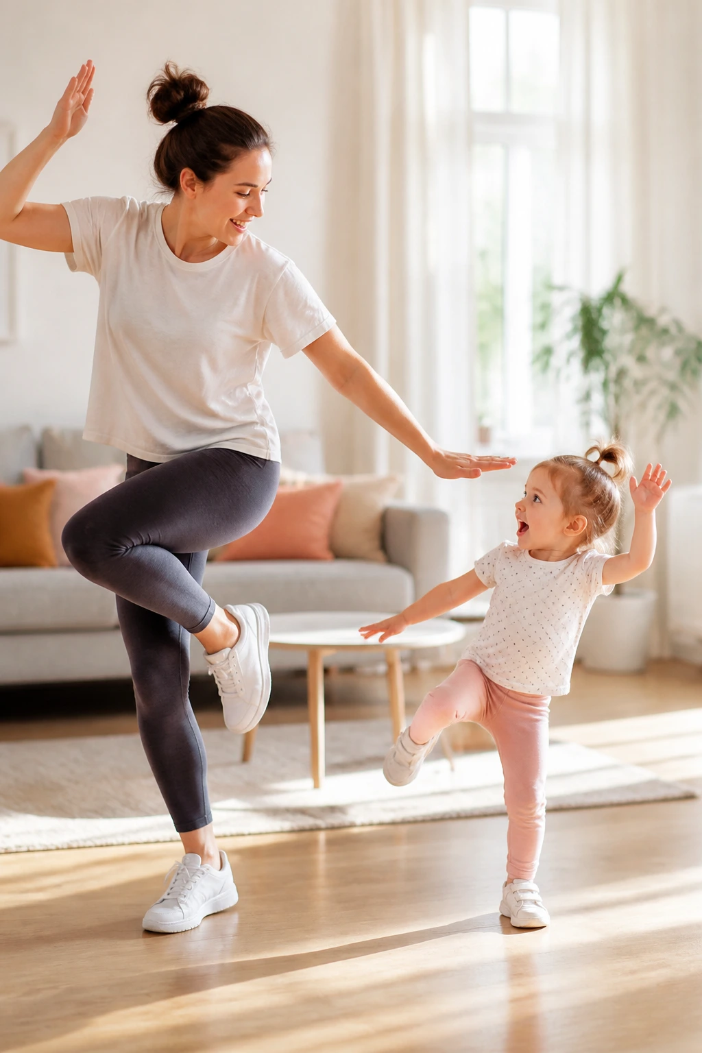 Adult and toddler dancing and freezing during a home cardio game