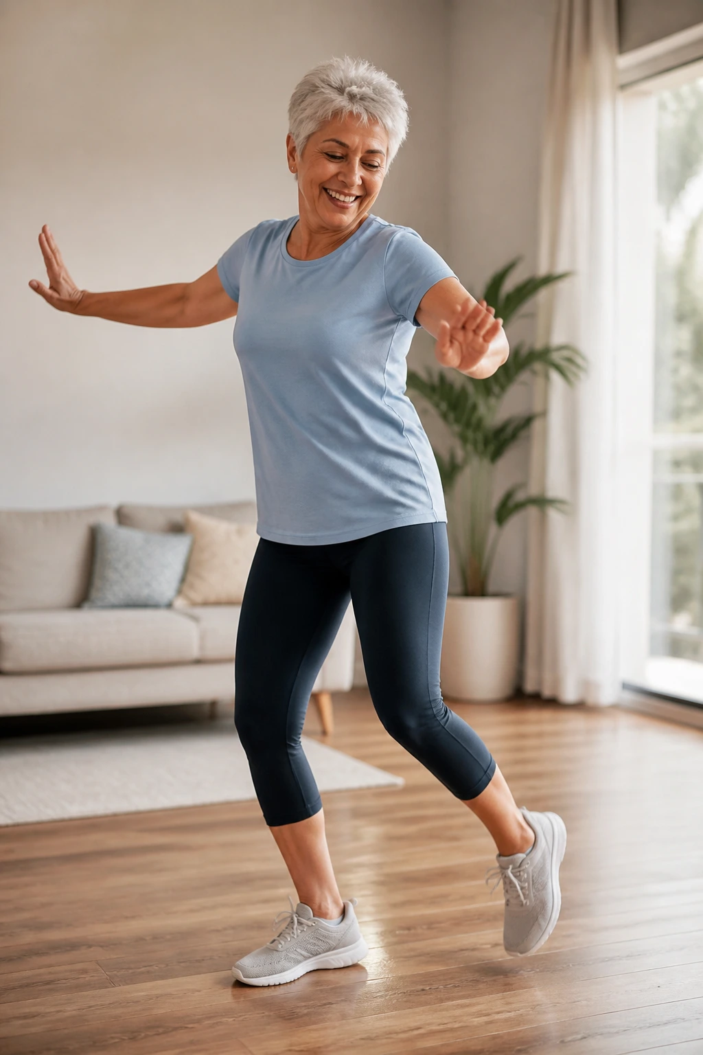 Woman performing low-impact dance cardio in living room