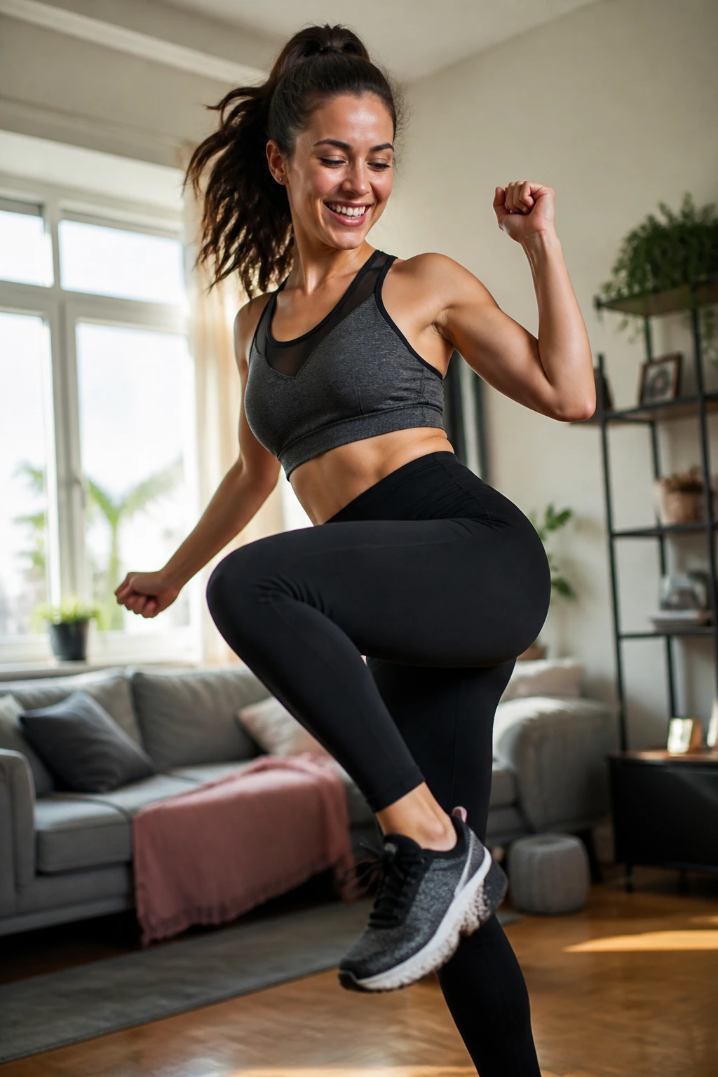 Mid-shot of a person dancing in a bright living room