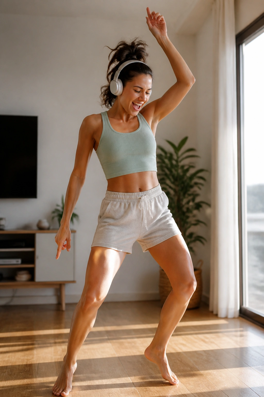 Woman dancing energetically in a bright living room