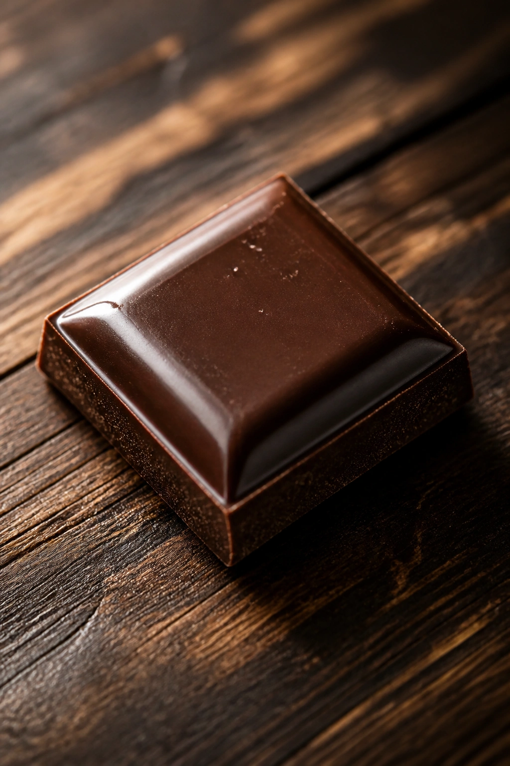 Close-up of glossy dark chocolate square on wooden table with warm light