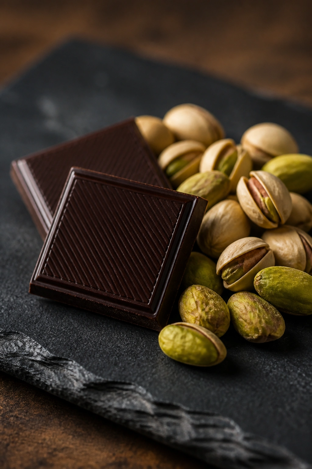 Dark chocolate squares with pistachios on a slate board.