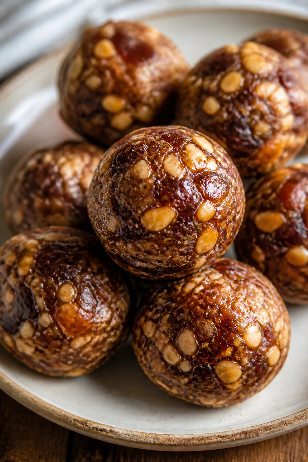 Close-up of date-nut energy bites on a plate