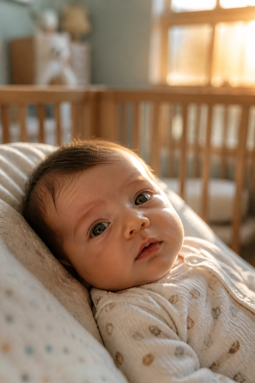 Close-up of a newborn awake in a softly lit nursery illustrating day-night confusion