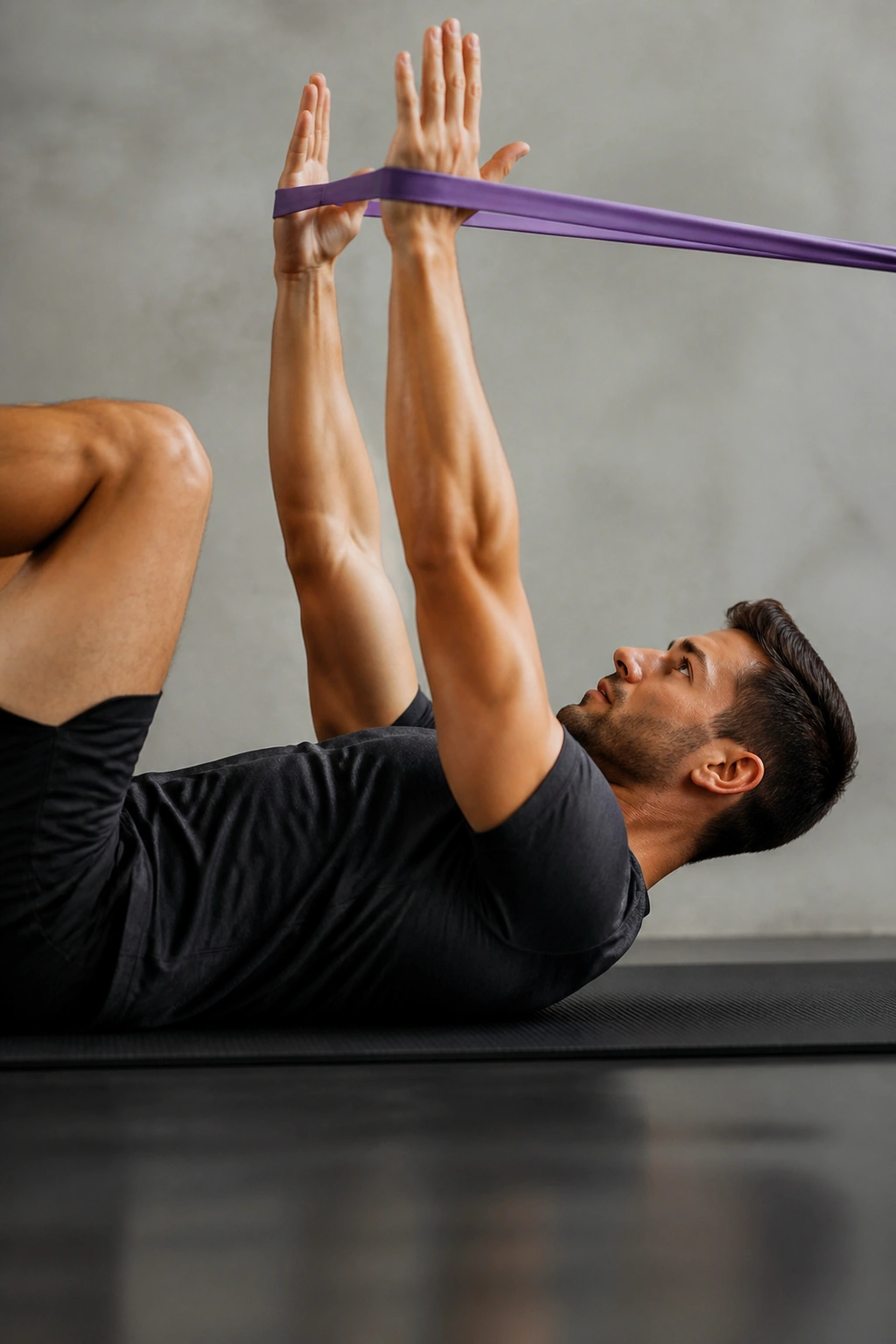 Person performing a banded dead bug drill on a mat with arms extended and legs lifted.