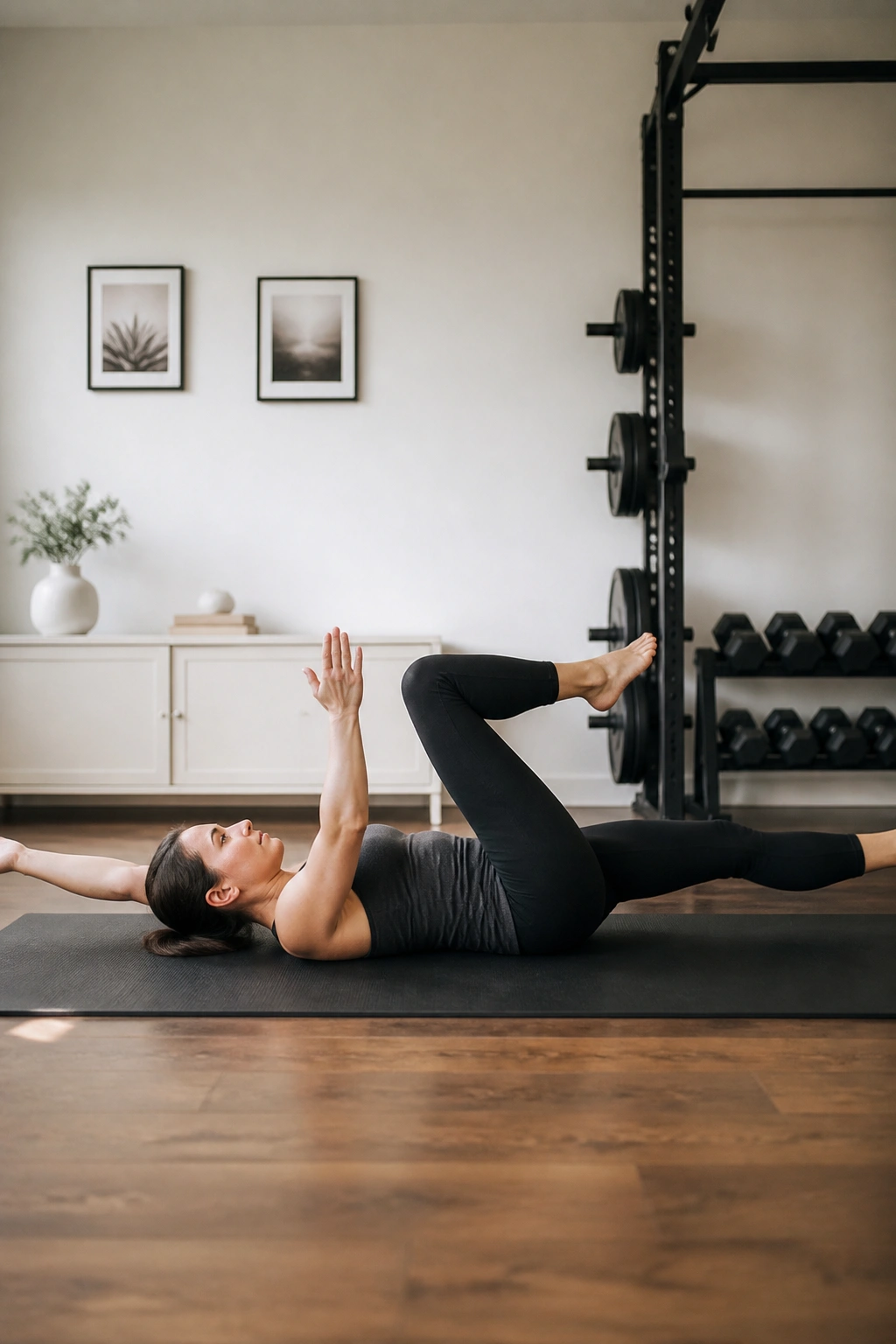 Real person performing dead bug exercise on a mat at home