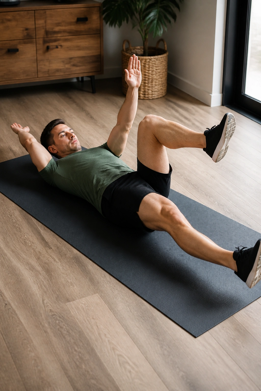 Medium close-up of a person performing the Dead Bug core exercise on a mat with lower back pressed to the floor