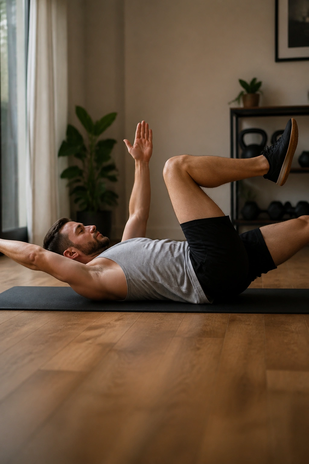 Close-up of a person performing Dead Bug With Slow Reach on a mat, showing controlled arm/leg extension with stacked torso.