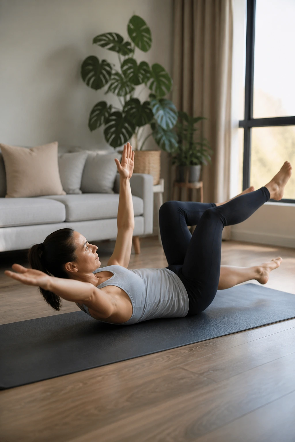Person performing the Dead Bug core exercise on a mat in a cozy home