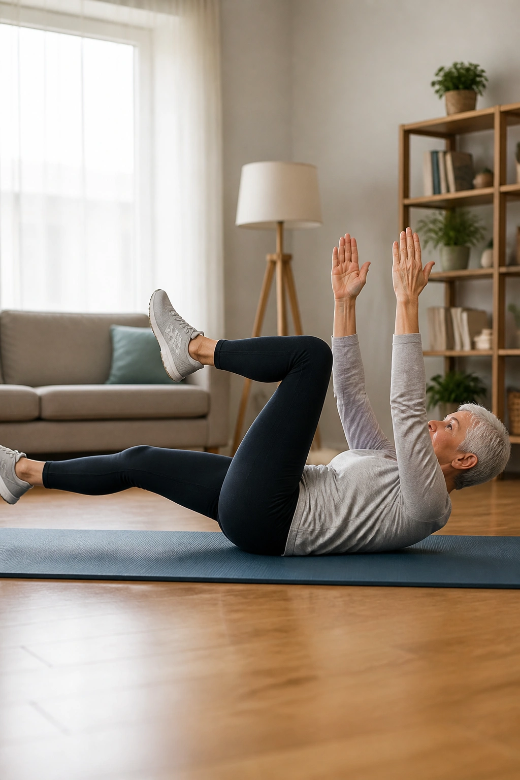 Person performing a dead bug exercise with opposite arm and leg