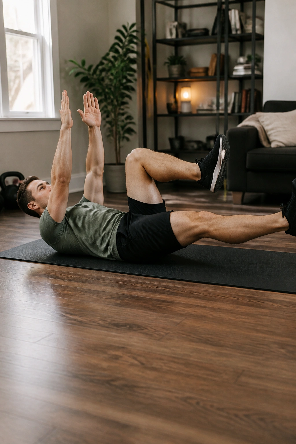 Close-up of a real person performing the Dead Bug exercise on a mat