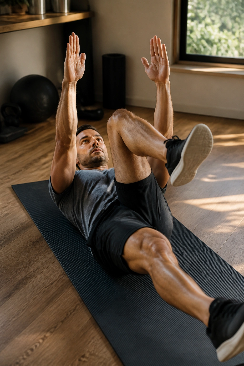 Close-up of a person performing the dead bug exercise on a mat, with a braced core.