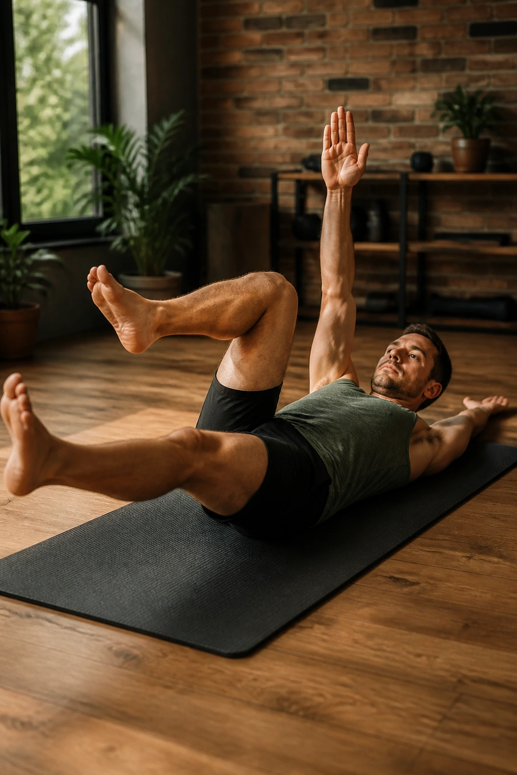 Close-up of a person performing a dead bug on a mat with opposite arm and leg extended.