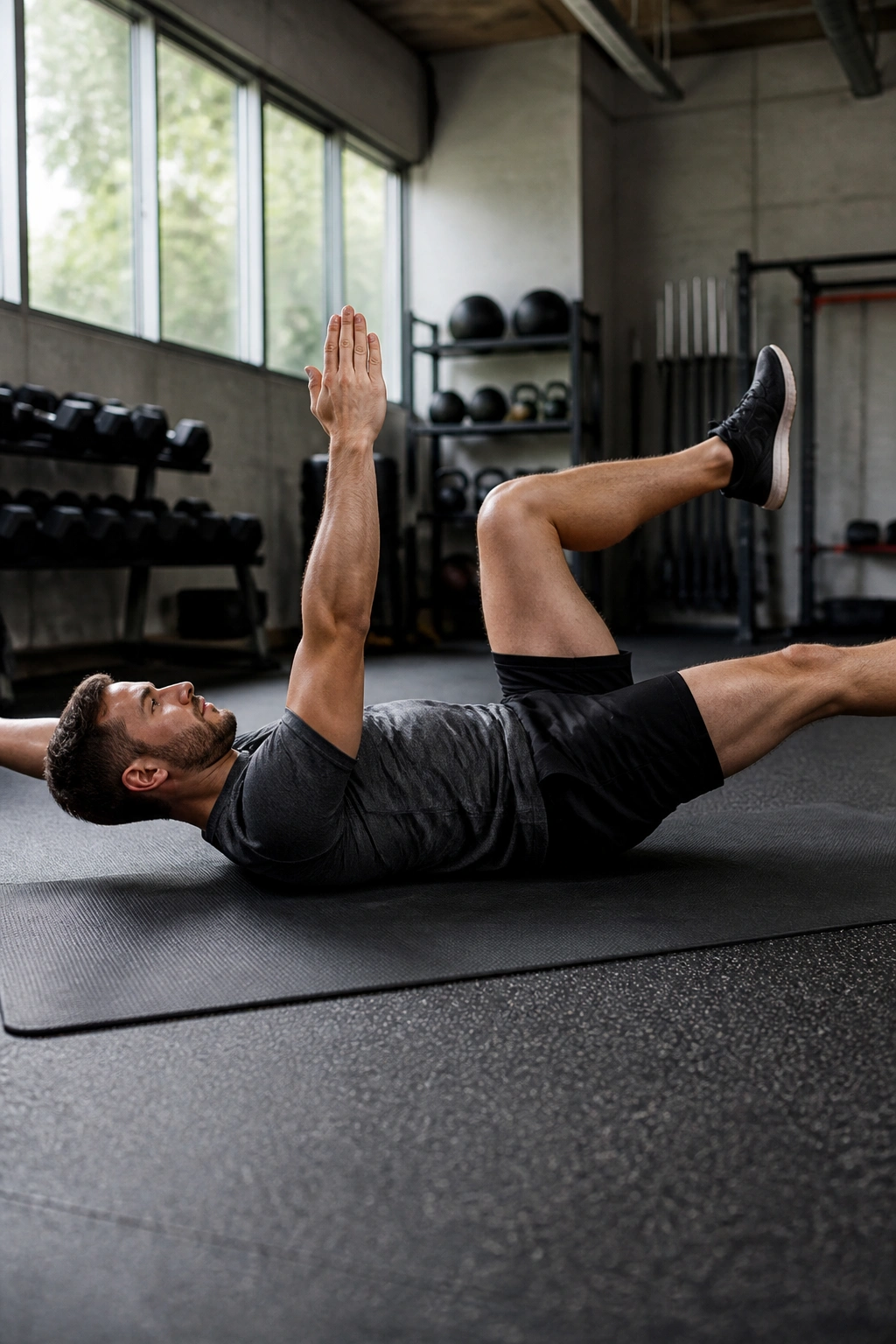 Dead Bug exercise on mat with back pressed and controlled limb movement