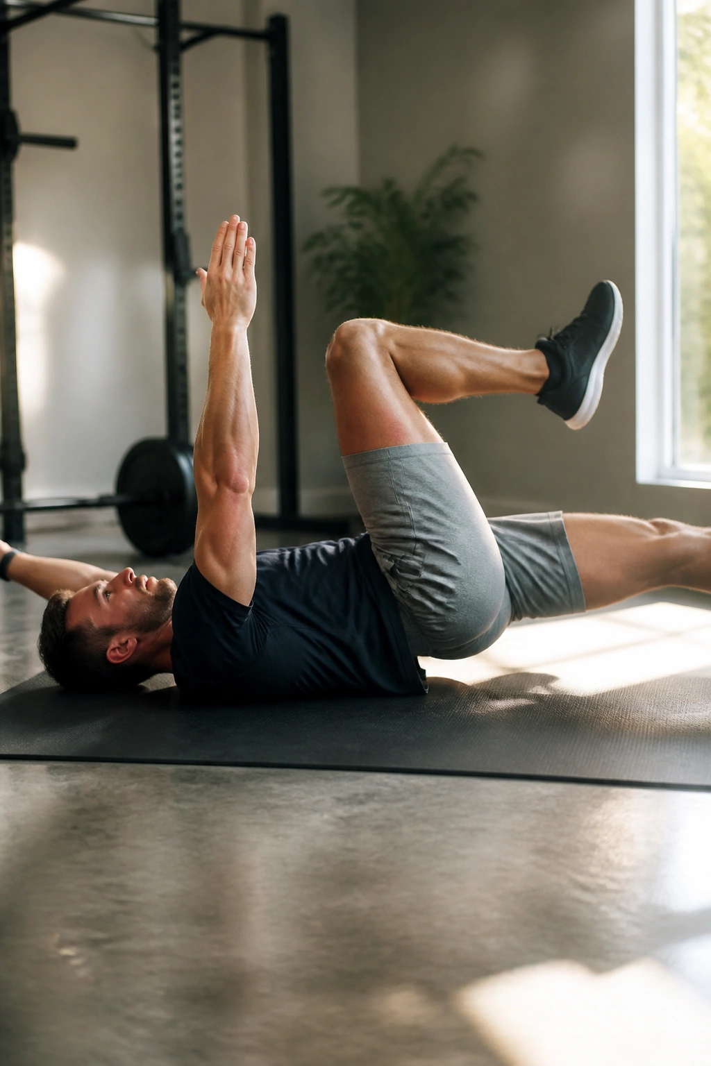 Close-up of a person performing the dead bug exercise on a mat, torso braced, limbs moving, core stability