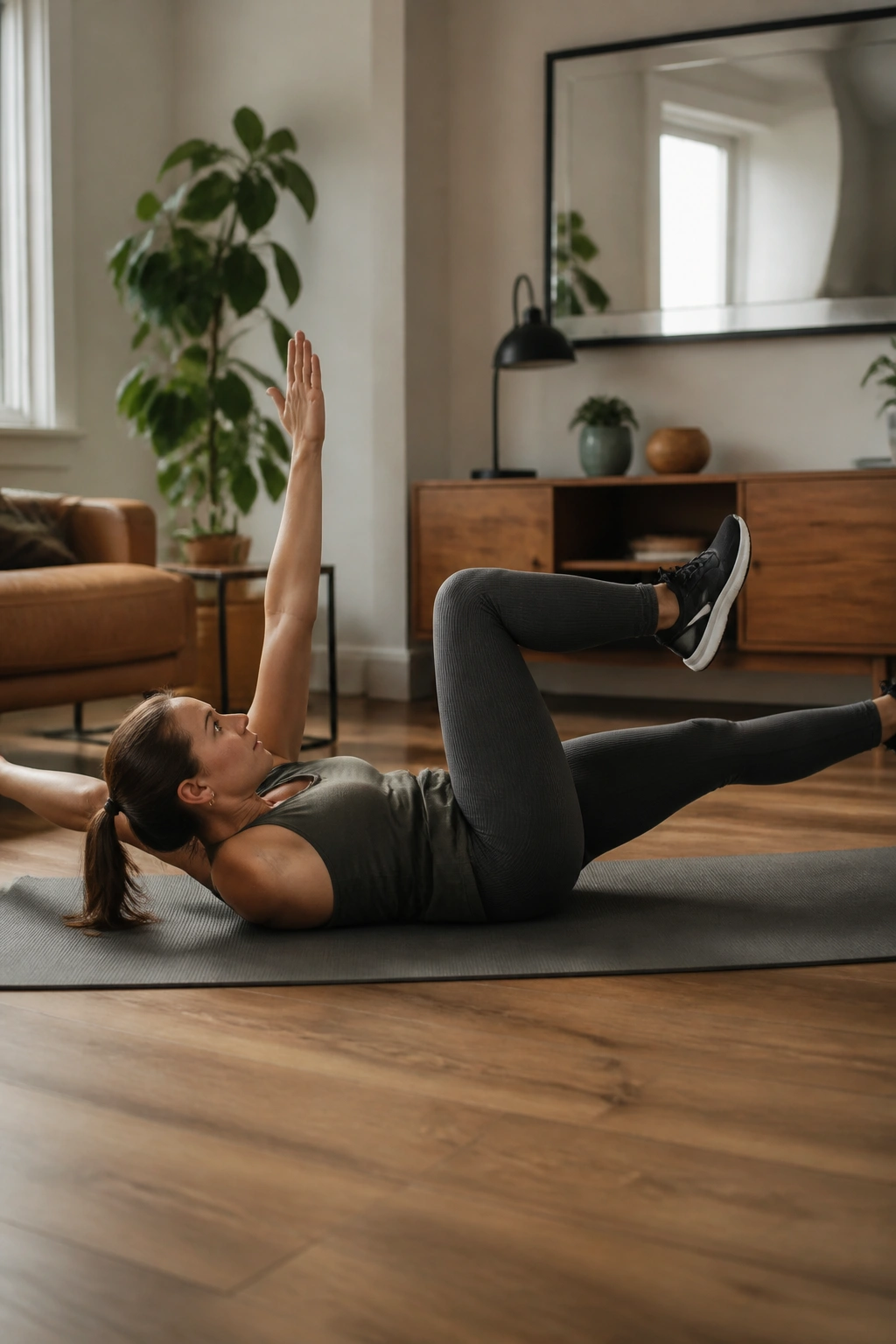 Dead bug exercise with opposite arm and leg extended while lying on back