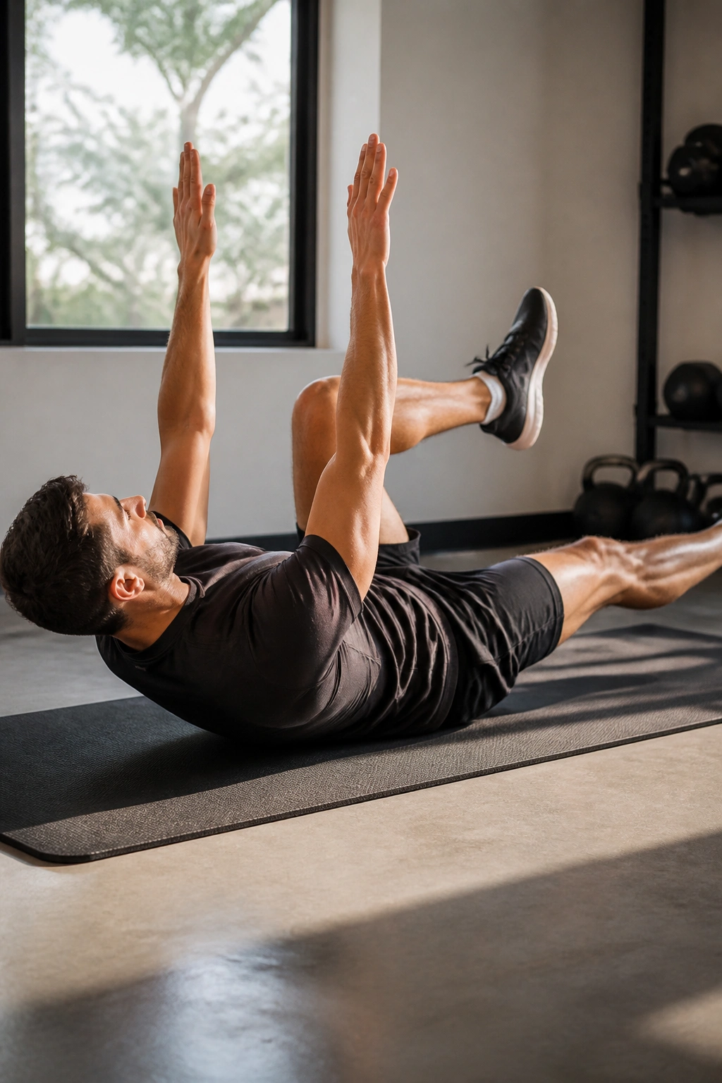 Close-up of a person on a mat performing Dead Bug, focusing on pelvis stability and opposite arm-leg movement.