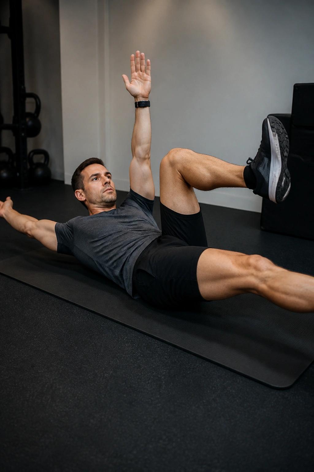 Athlete performing dead bug drill on a gym mat with controlled movement
