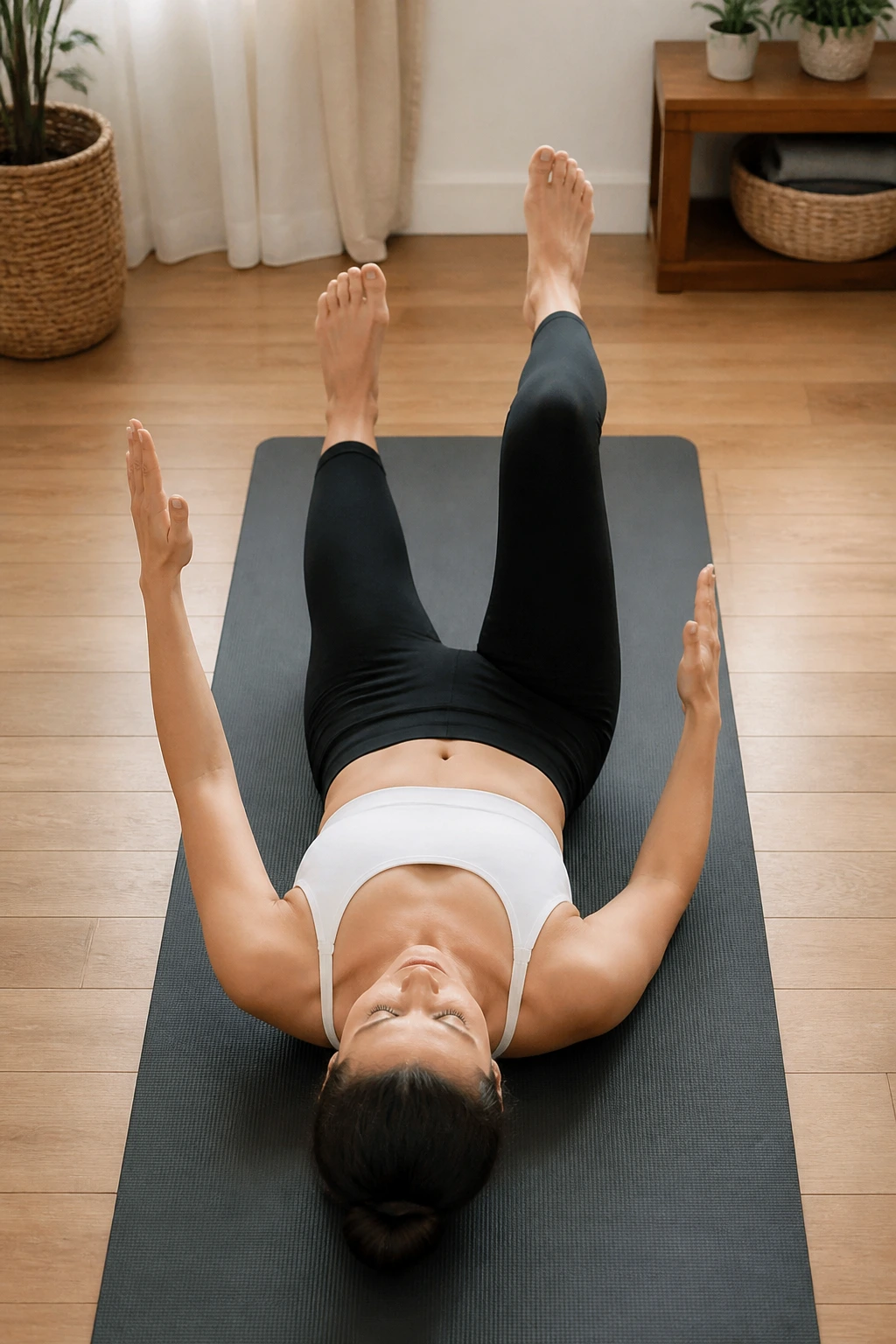 Top-down view of a real person performing dead bug heel taps on a mat