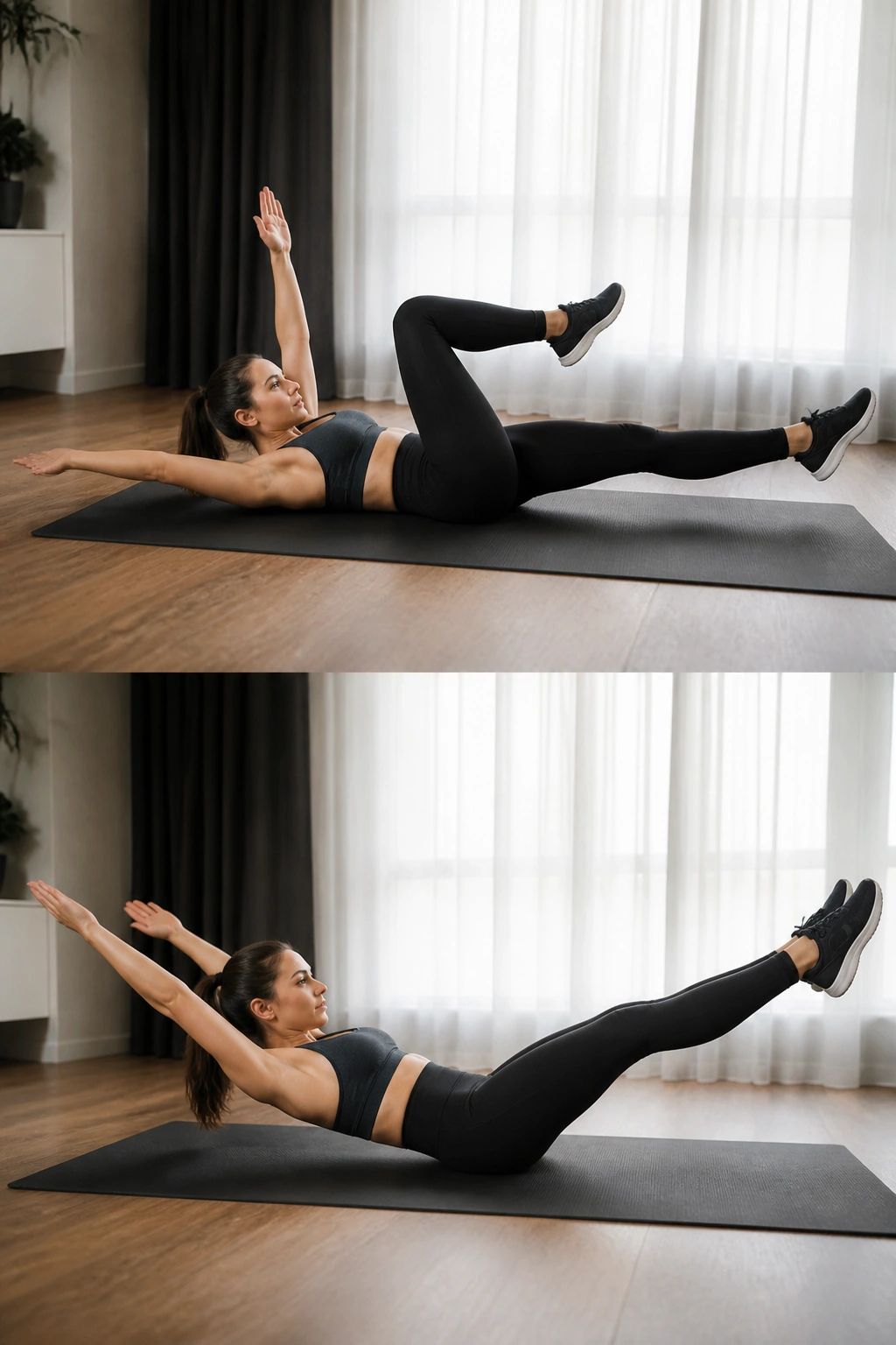 Person on yoga mat performing dead bug and hollow hold core exercises