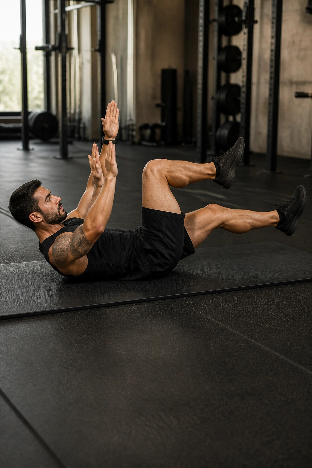 Person performing dead bug exercise on gym mat to train core stability