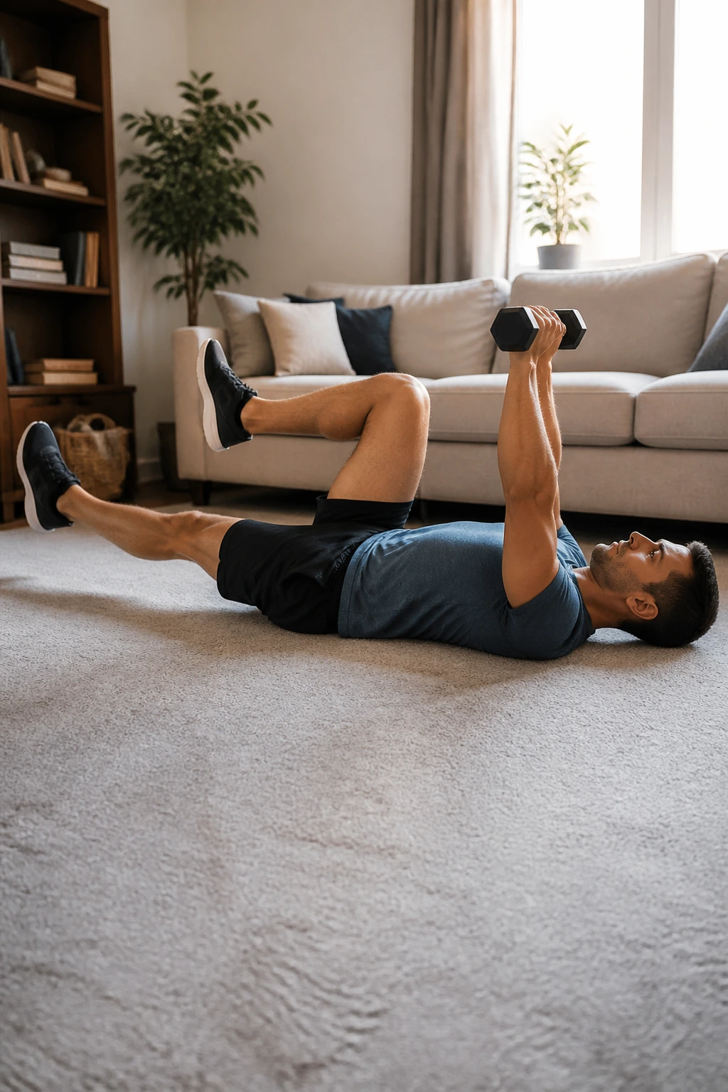 Person performing dumbbell dead bug press on the floor
